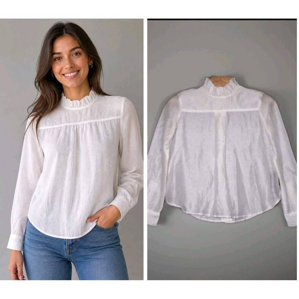Alice N Gia Womens Organza Long Sleeve Top Small Sheer Button Back Ruffle Neck